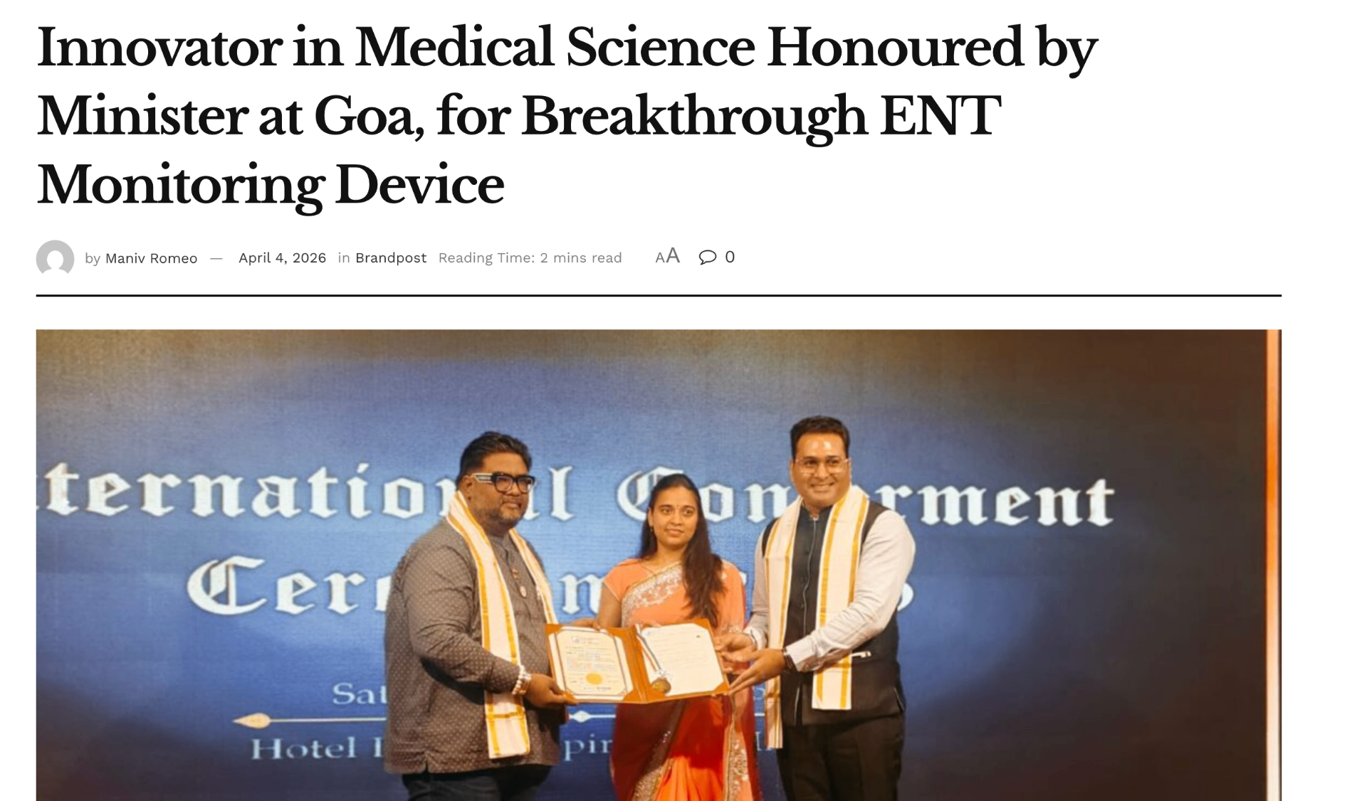 Innovator in Medical Science Honoured by Minister at Goa